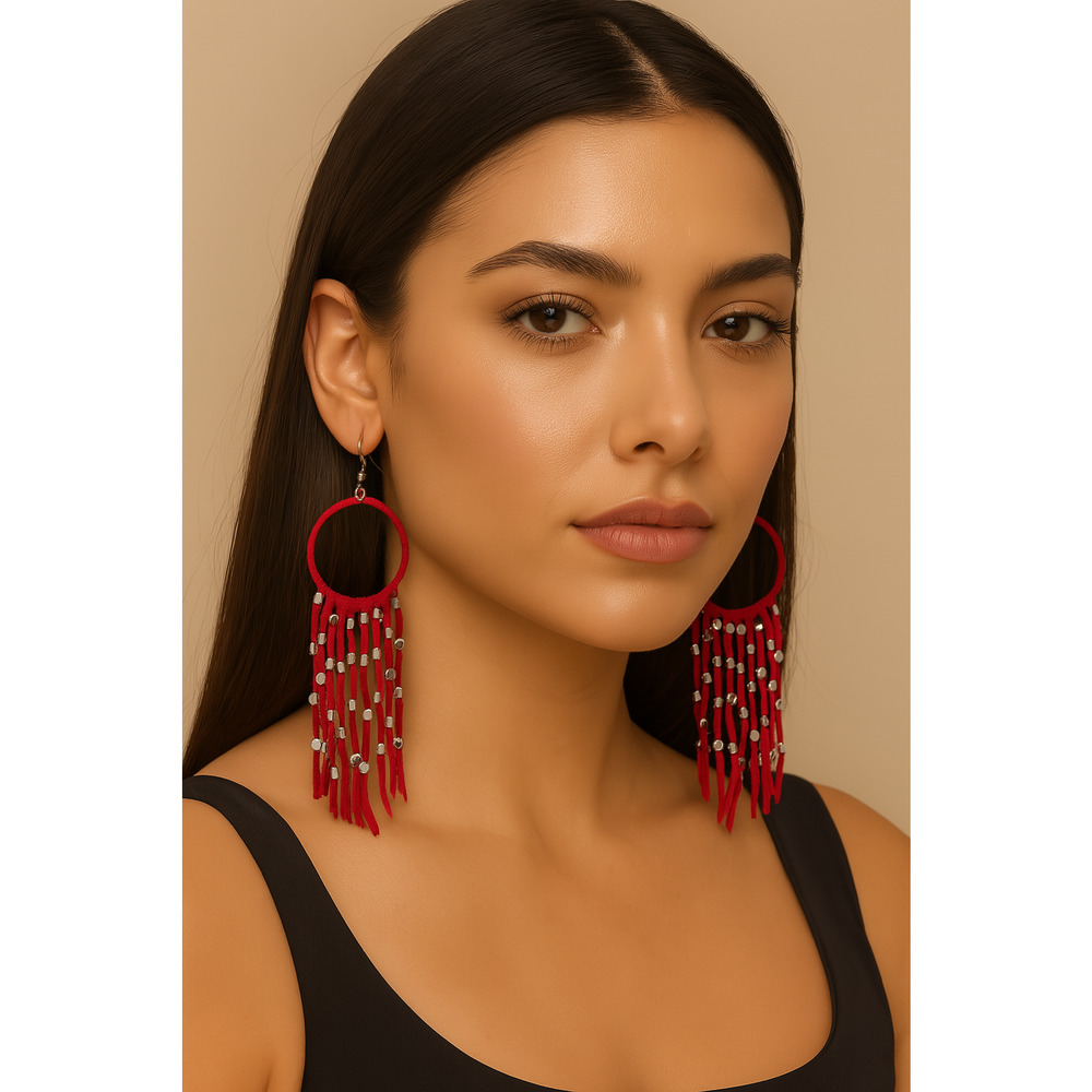 Mia Collection Red Hoop‎ Fringe Tassel Dangle Earrings Women Silver Beads Boho
